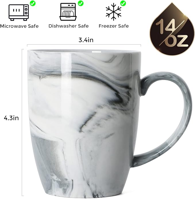 14 OZ Marble Coffee Mugs, M067 Novelty Marble Ceramic Cup for Home and Office, Microwave Dishwasher Safe, Set of 4, Gray - Image 2