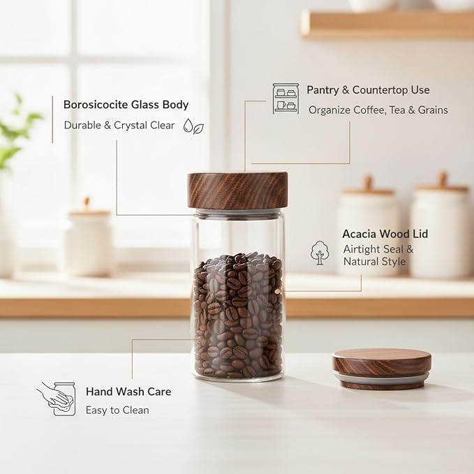 Glass Storage Jar with Acacia Wood Lid, Borosilicate Food Canister for Coffee Beans Tea Sugar Dry Pantry Staples (1 PC) - Image 5