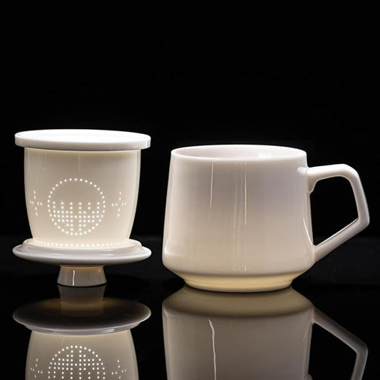 Ceramic Tea Mug with Infuser & Lid - 15.2oz Glowing Jade Porcelain Mug - Translucent Artisan Cup - Loose Leaf Tea Cup with Infuser,Insulated Ceramic Coffee Mugs with Lid, Gift for Women/Men