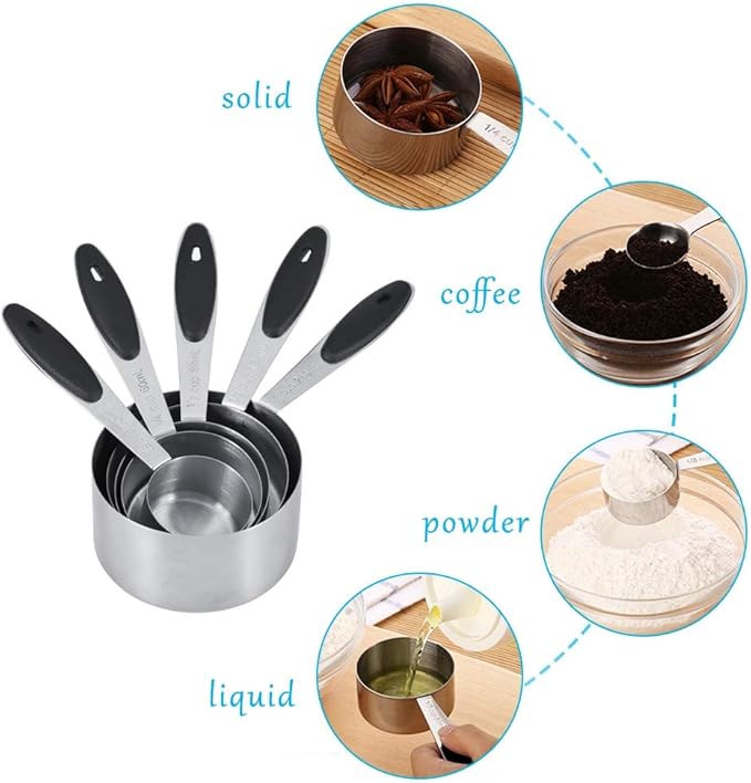 Measuring Cups and Spoons Set, Set of 10 Stainless Steel Measuring Cups and Spoons Stackable with Silicone Handles for Kitchen Cooking Baking