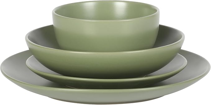 Gibson Home Queenslane 16-Piece Matte Green Stoneware Dinnerware Set – Double Bowl Plates and Bowls, Durable Kitchen Dinner Set - Image 8