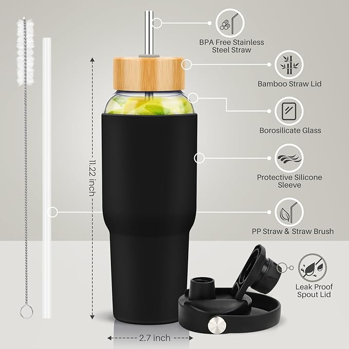 PROBTTL 40 oz Glass Tumbler with Handle - Sports Clear Borosilicate Glass Water Bottle with Straw, Silicone Sleeve, 2 Lids - Handle Spout & Bamboo Straw Lid, Fits Car Cup Holder, Leakproof(Black)