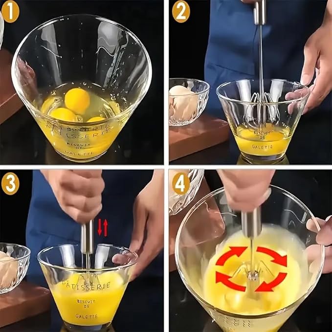 3-in-1 Stainless Steel Manual Milk Frother & Whisk, Handheld Hand-Push Blender for Lattes, Eggs, Cream & Hot Chocolate, Durable Coffee Frothing Tool for Baking, Cooking & Kitchen Use