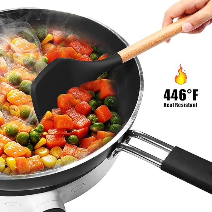 oannao Silicone Cooking Utensils Set - 446°F Heat Resistant Silicone Kitchen Utensils for Cooking,Kitchen Utensil Spatula Set w Wooden Handles, BPA FREE Gadgets for Non-Stick Cookware (Black) - Image 8