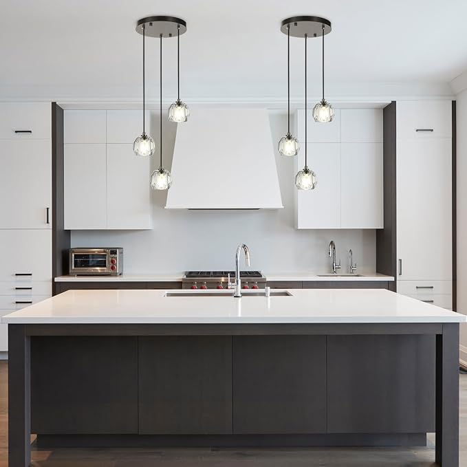 3 Lights Pendant Lighting, Brushed Black Cluster Pendant Light Kitchen Island, Cut Crystal Pendant Light Fixture Hanging Lights for Dining Room Foyer Bathroom - Image 3