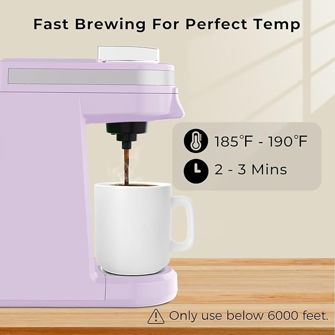 CHULUX Mini Single One Cup Coffee Maker for K Pod, Auto Shut Off, Lavender | Fast-Heating Boiler System, Single Cup Brewing, Portable Compact Design, Four-Hole Multi-Stream Needle, Adjustable Drip Tray - Image 3