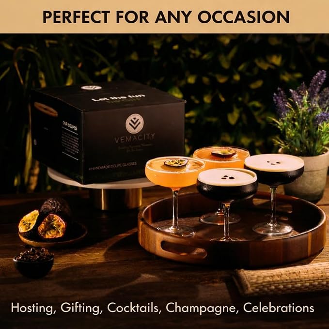 VEMACITY - Elegant Espresso Martini Glasses Set of 4 (10oz) - Classic Coupe Glasses for Martinis, Champagne, Margaritas | Handblown Crystal Cocktail Glassware | Ideal for Martinis and Cocktails - Image 3