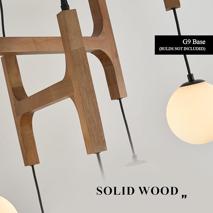 Farmhouse L28 '' Wooden Chandeliers with Milk Glass Globes Lampshades, Rustic Oak Mid Century Long Pendant Chandelier Light Fixture 6-Light for Foyer Living Dining Room Bedroom Kitchen,G9 - Image 7