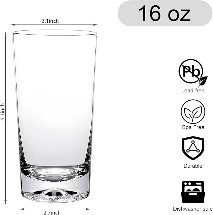 Drinking Highball Glasses Set of 6, 16oz Crystal Water Glasses - Image 3