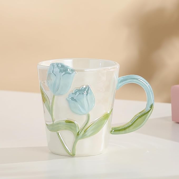 Floral Ceramic Coffee Mug 11.8 Oz Espresso Cup, Cute Flower Tea Cup with Handle for Women, Girly Mug Gift for Christmas Birthday, Home Office Drinkware, Blue - Image 3