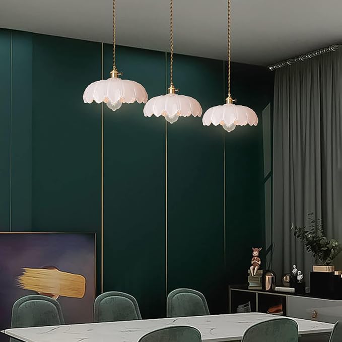 Mid Century Modern Pendant Light Nordic White Chandelier with Hand Blown Flower Glass Shade Brass Adjustable Height Dining Table Pendant Lamp with Switch for Kitchen Island Dining Room Hotel - Image 4