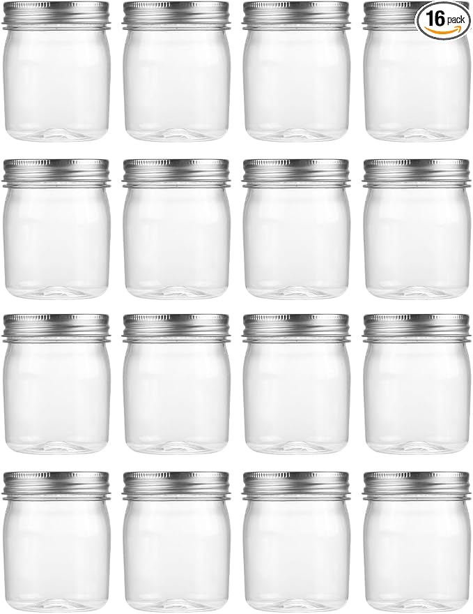 novelinks 8 oz Plastic Mason Jars and Clear Plastic Jars with Lids 8 oz | 16 Pack, Silver, Plastic Containers with Lids, Small Mason Jars, Clear Jars Bulk, Spice Jars, Slime Jars, Mini Jars by novelinks