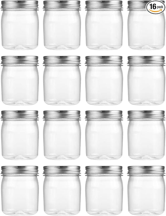 novelinks 8 oz Plastic Mason Jars and Clear Plastic Jars with Lids 8 oz | 16 Pack, Silver, Plastic Containers with Lids, Small Mason Jars, Clear Jars Bulk, Spice Jars, Slime Jars, Mini Jars by novelinks