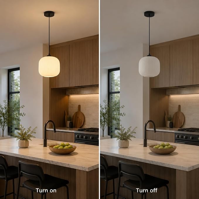 KCO Lighting Small Vintage 7.9” Black White Milk Ribbed Glass Pendant Light | Adjustable Cord E26 Hardwired Mid Century Modern Hanging Light for Sloped Ceilings Kitchen Island Bar Bedroom Dining Room - Image 4