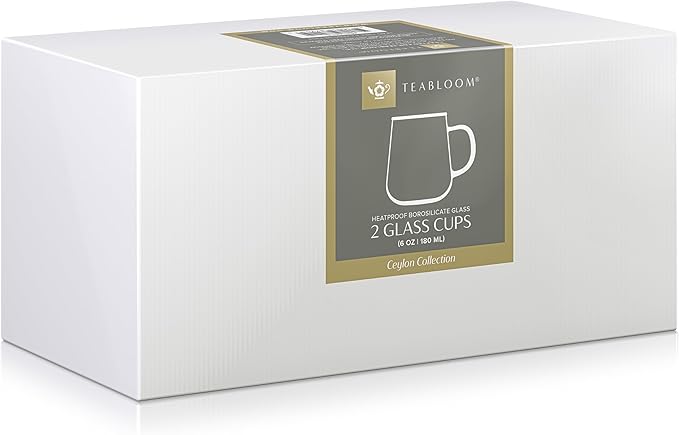 Teabloom Set of 2 Premium Borosilicate Glass Cups for Tea or Coffee - 6 Ounces / 180 ml - Stain-free and Microwave Safe