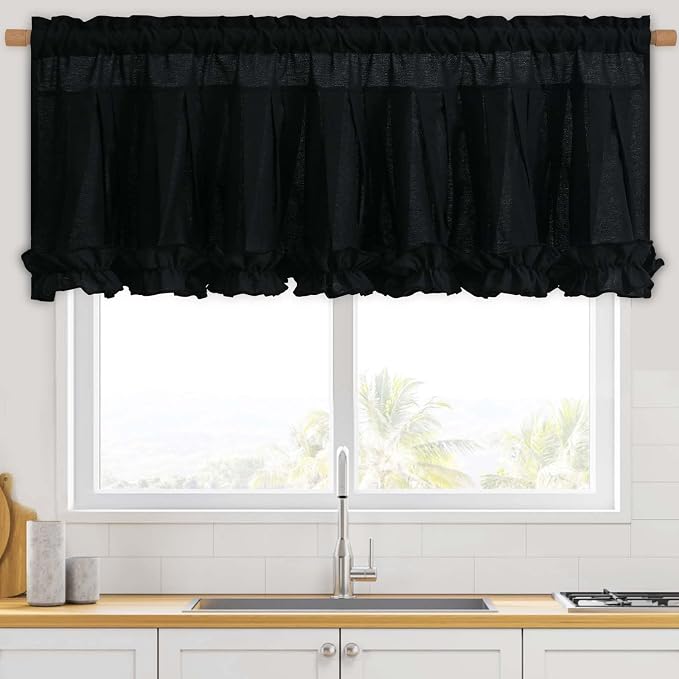 Likiyol Linen Valances for Windows Farmhouse Window Valances with Ruffle Rustic Country Light Filtering Kitchen Valance Curtains Rod Pocket Valance for Bathroom Cafe, Black, 52" W X 18" L - Image 9