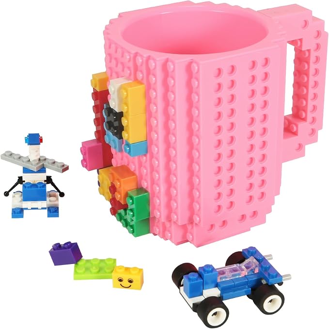 Lumsburry Build-on Brick Coffee Mug, Funny DIY Unique Novelty Drinking Cup | Building Blocks Creative Mug, for Men Women Kids Dad Mom, Present Exchange Ideas, Xmas Birthday White Elephant(Pink) by Lumsburry