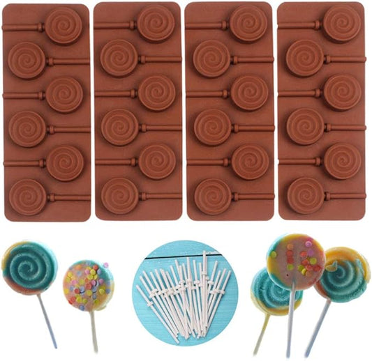 Round Silicone Mold for Lollipop Hard Candy Chocolate Cake Decorating With 24pcs Reusable Sticks Swirl Shape Set of 4