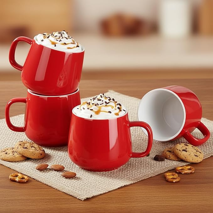 Teocera Coffee Mugs Set of 6-12oz Chip-Resistant Ceramic Cups with Ergonomic Handle | Dishwasher & Microwave Safe Red Mugs | Keeps Beverage Hot, Perfect for Family Kitchen & Holiday Gifts - Image 3