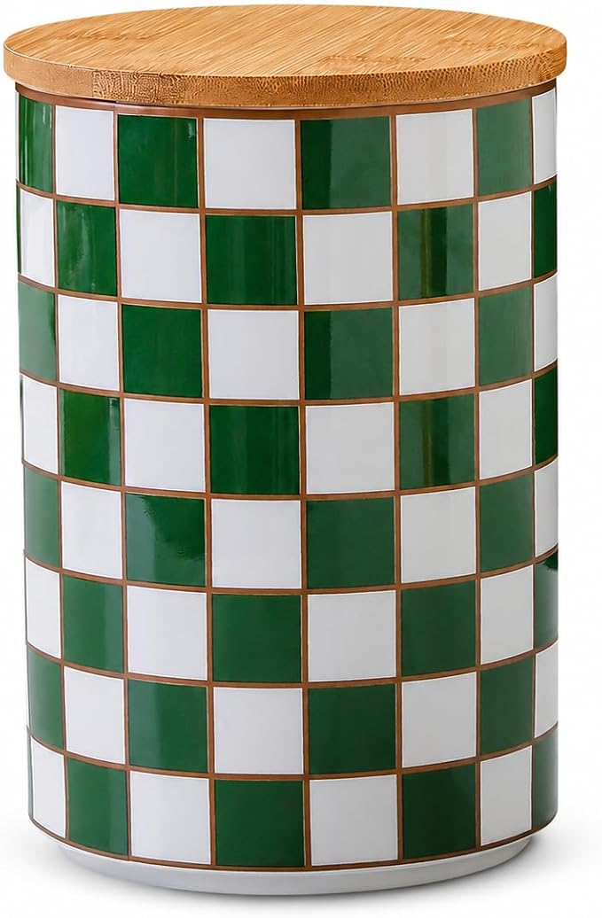 Kitchen Countertop Ceramic Checkered Canisters,Black And White Food Storage Containers With Lid,Airtight Kitchen Canisters for Flour, Sugar, Coffee, Tea, and Dry Goods (Green, XL) by XYQXYQ