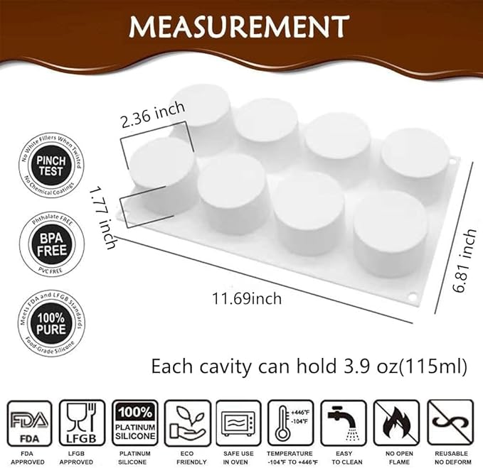 Tall Cylinder Silicone Molds for Baking Mousse Cake, 3D Silicone Baking Molds for Cakes, Brownie, French Dessert Mold for Pastry, Ice Cream, Cake Decoration(8-Cavity)