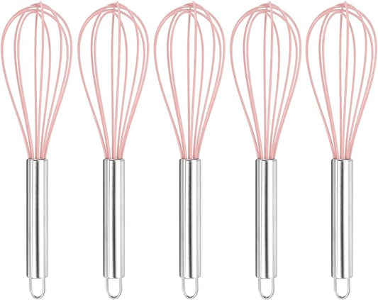 HARFINGTON 5Pcs Silicone Whisk 10" Kitchen Whisk Wire Whisks Beater with Stainless Steel Handle for Egg Milk Whisking Blending Beating & Stirring, Pink