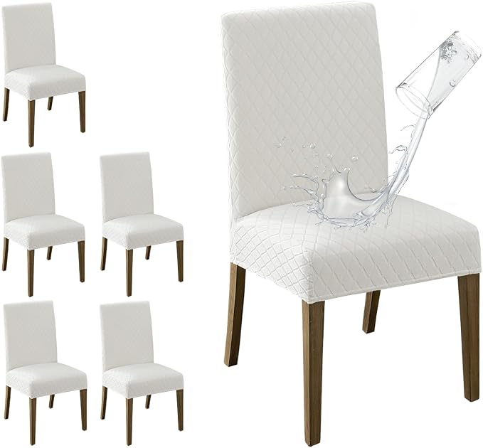 MOSAYT 100% Waterproof Dining Room Chair Covers Set of 6, Super Fit Stretch Jacquard Parson Chairs Slipcovers Removable Washable Chair Seat Protectors for Home, Kitchen, Banquet (White - XL) by MOSAYT