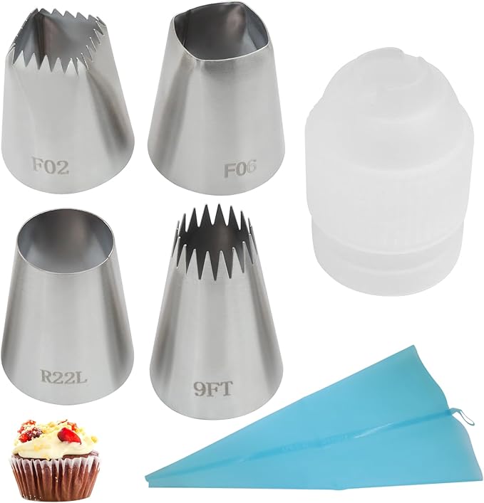 4 Pcs Extra Large Piping Tips (R22L F06 9FT F02), Stainless Steel Round Icing Tips Star Square Wide X-Large Piping Tips for Jumbo Eclair Churro Meringue, with Coupler & Silicone Pastry Bag