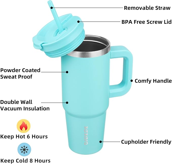 BJPKPK 30 oz Insulated Tumbler with Handle & Straw, Stainless Steel | Double Wall Vacuum Insulation, Leak Proof, BPA Free, Dishwasher Safe, Cupholder Friendly, Travel & Outdoor, Turquoise - Image 2