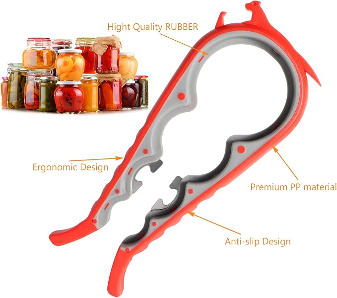 6 in 1 Lid Opener - Bottle, Jar, & Can Opener for Seniors with Arthritis or Weak Hands - Heavy Duty & Smooth Edge, Red - Image 6