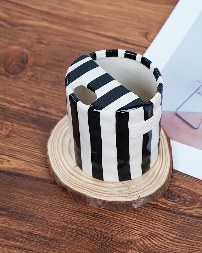Coffee Mug Espresso Cup 10oz Ceramic Coffee Mugs Porcelain Coffee Cup Hand-Painted Striped Art Multiple Use for Kitchen, Dining-Black - Image 2