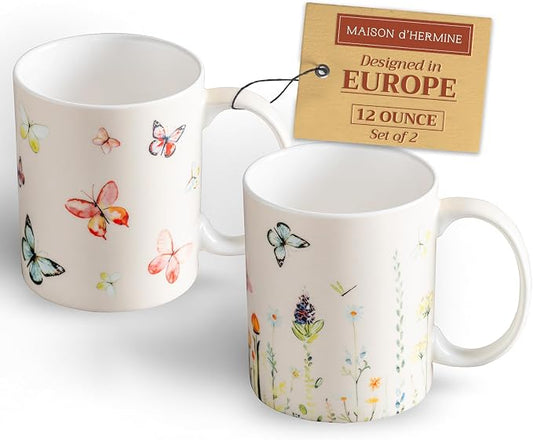 Maison d' Hermine Coffee Mug with Handles Tea Cups (12 Ounce, Pack of 2) | Fine Bone China Coffee Mugs for Hot Beverages Cappuccino Latte Home Restaurant Hotel Spring Summer -Botanical Fresh by MaisondHermine