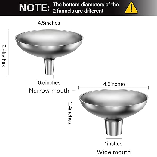 Stainless Steel Funnel, 2 Large and Small Mouth Filling Kitchen funnels, Liquids, fluids, Spices and Powders, Durable and Washable.
