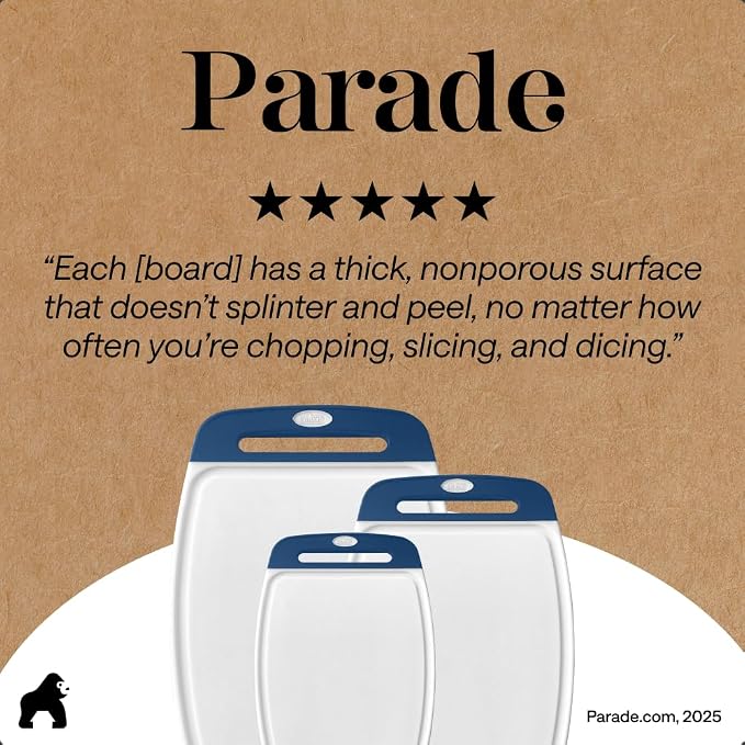 GORILLA GRIP BPA-Free Reversible Kitchen Cutting Board Set of 3, US Designed, Nonporous, Juice Grooves Catch Liquid, Slip Resistant Border, Dishwasher Safe, Durable Large Food Chopping Boards, Blue - Image 9