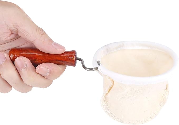 Reusable Washable Flannel Cloth Handmade Coffee Filter Strainer, Wood Handle, Metal Frame, for Hand Drip Coffee (Large Size)