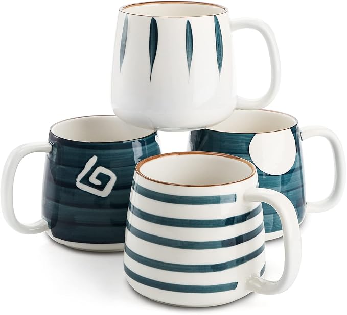 DEAYOU Set of 4 Porcelain Coffee Mugs, 17 Oz Ceramic Coffee Cups with Handles, Large Hand-Painted Tea Cups for Cappucino, Milk, Latte, Cocoa, Hot or Cold Drinks, Microwave & Dishwasher Safe by DEAYOU