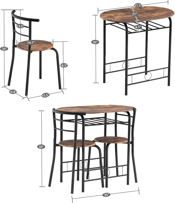 VINGLI 3 Piece Dining Set, Small Kitchen Table Set for 2, Breakfast Table Set, Kitchen Wooden Table with 2 Chairs for Small Space/Dining Room/Apartment, Metal Frame, Wine Rack, Burnt Brown - Image 8