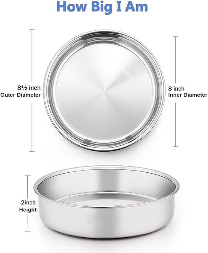 E-far 8 Inch Cake Pan Set of 4, Stainless Steel Round Layer Cake Baking Pans, Non-Toxic & Healthy, Mirror Finish & Dishwasher Safe - Image 2