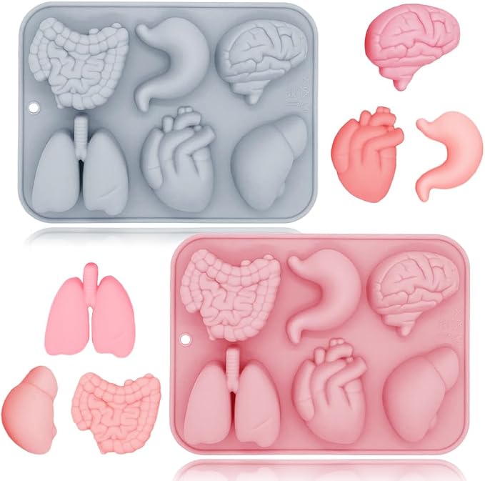 3D Human Organ Silicone Molds, 2 Pack Realistic 6 Cavity Organ Shapes Silicone Muffin Molds for Chocolate Pudding Dessert Jelly Handmade Soap Candle for Halloween Party Props by KATISHYRO