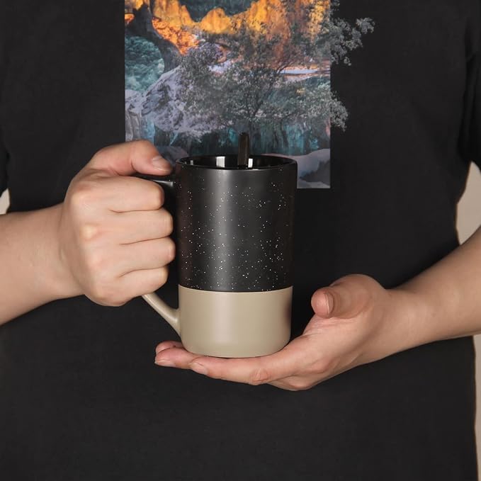 16 OZ Large Coffee Mug, Two Color Combination Big Ceramic Tea Cup with Square Handle with White Speckled for Men Women Restaurant Home Office Hot Drinks, Black - Image 4