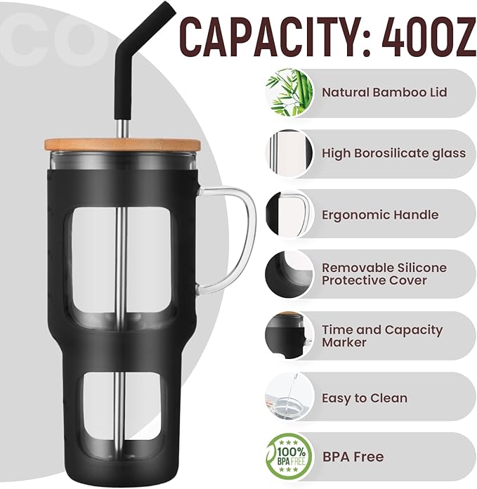 COMOOO 40oz Glass Tumbler with Bamboo Lid and Straw, Glass Water Cup with Handle, Iced Coffee Drinking Cup with Silicone Sleeve, Glass Tumbler Dishwasher Safe, Cup Holder Friendly, Black