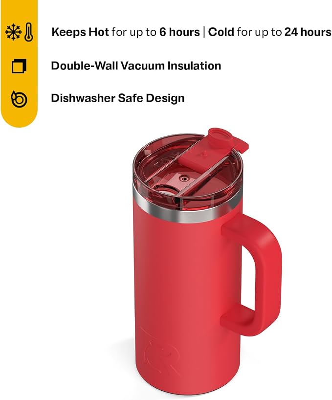 RTIC 16oz Road Trip Travel Mug with Lid and Handle, Ceramic Lined, Flag Red | Stainless Steel Metal, Insulated Travel Cup for Hot and Cold Drinks, Coffee, Car, Camping and Travel - Image 2
