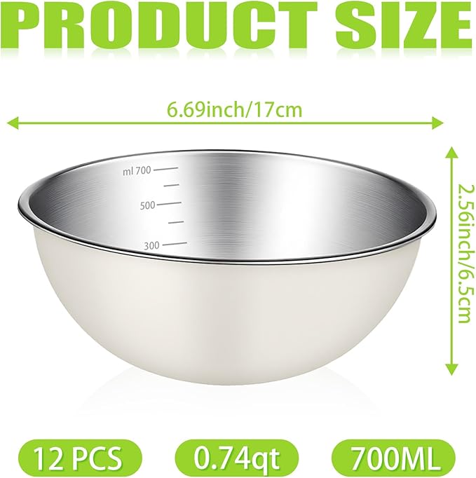 12 Pcs Stainless Steel Mixing Bowls Nesting Metal Prep Salad Bowls with Scale Reusable Baking Cooking Food Soup Storage Organizers for Kitchen Refrigerator (0.74qt)