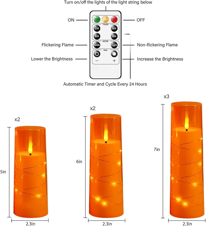 Sasigeiaa Flameless Candles with Embedded Star String - Battery Operated LED Candles, with Remote,7 Orange Flickering Candles for Christmas, Weddings, Home Decor & Party,(D 2.3"×H 5" 6" 7") - Image 2