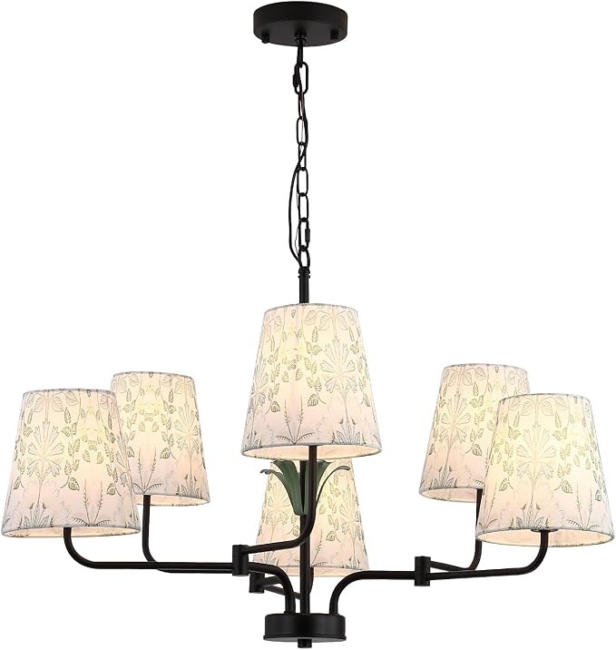 Black Chandeliers with White Fabric Shade, Farmhouse Green Plants Chandelier for Dining Room, Linear Island Lighting Fixture for Kitchen, Industrial, Foyer, Entryway, Living Room,Nature by SUETONG