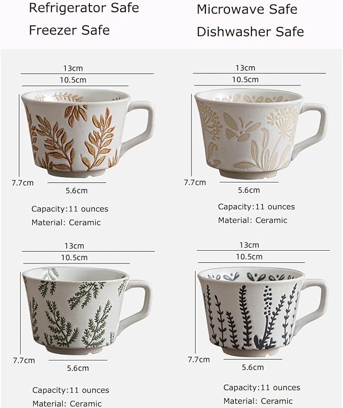 Small Ceramic Mug, 11oz - Vintage Cup Mug for Coffee Milk Latte Cappuccino Tea, Plant Porcelain Cup Dishwasher Microwave Freezer Safe Stoneware 1 PC Black Leaf Cup - Image 3