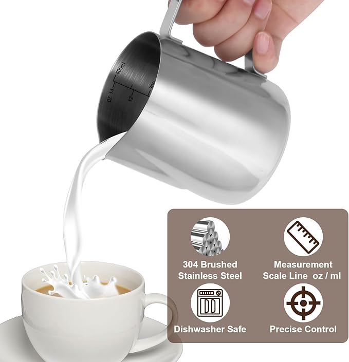 Milk Frothing Pitcher,Milk Steaming Frother Cup,Barista Cappuccino Latte Art Milk Jug with Decorating Pen,Stainless Steel Espresso Coffee Bar Accessories Tools (Silver, 14oz)