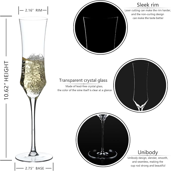 Champagne Flutes Set of 6 - Hand Blown Crystal Champagne Glasses With Long Stem - 7 oz Elegant Sparkling Wine Stemware - Unique Gift for Birthday,Wedding,Father's Day,Housewarming - Image 3