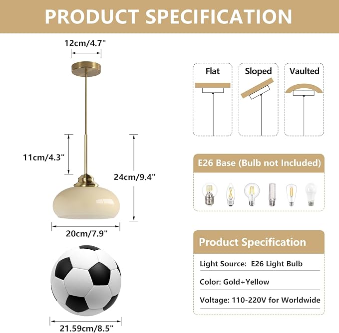 KCO Lighting Modern Globe Ceiling Light Brass Dome Pendant Light Yellow Glass Pendant Light Brushed Gold Pendant Lighting Adjustable Hanging Ceiling Light for Dining Room - Image 2
