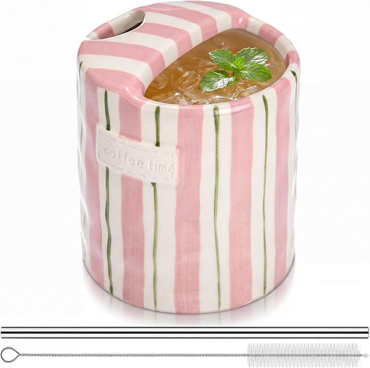 1 Pack Ceramic Coffee Mug with Sip Hole Espresso Cup 10oz with Straws Retro Hand Painted Striped Ceramic Iced Coffee Tea Travel Mug Latte Cup for Kitchen Dining (Simple,Pink and Green) by Ferrochef